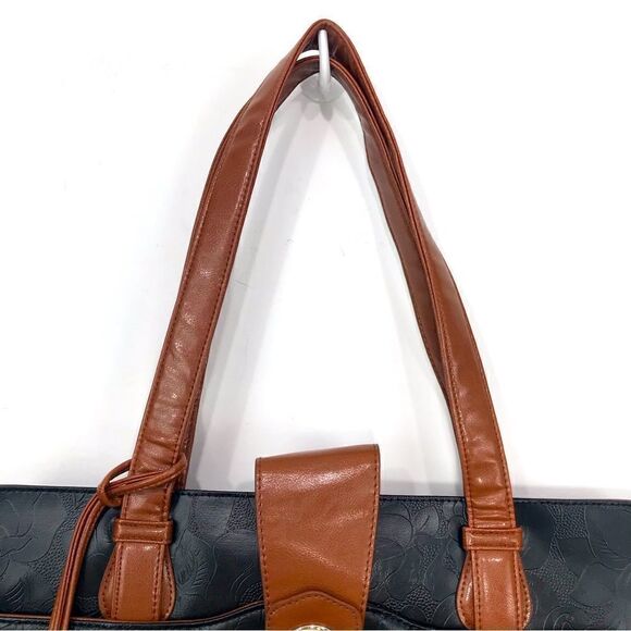 Gigi Hill LA Black Brown Tooled Vegan Leather Extra Large Travel Duffel Tote - Picture 11 of 16